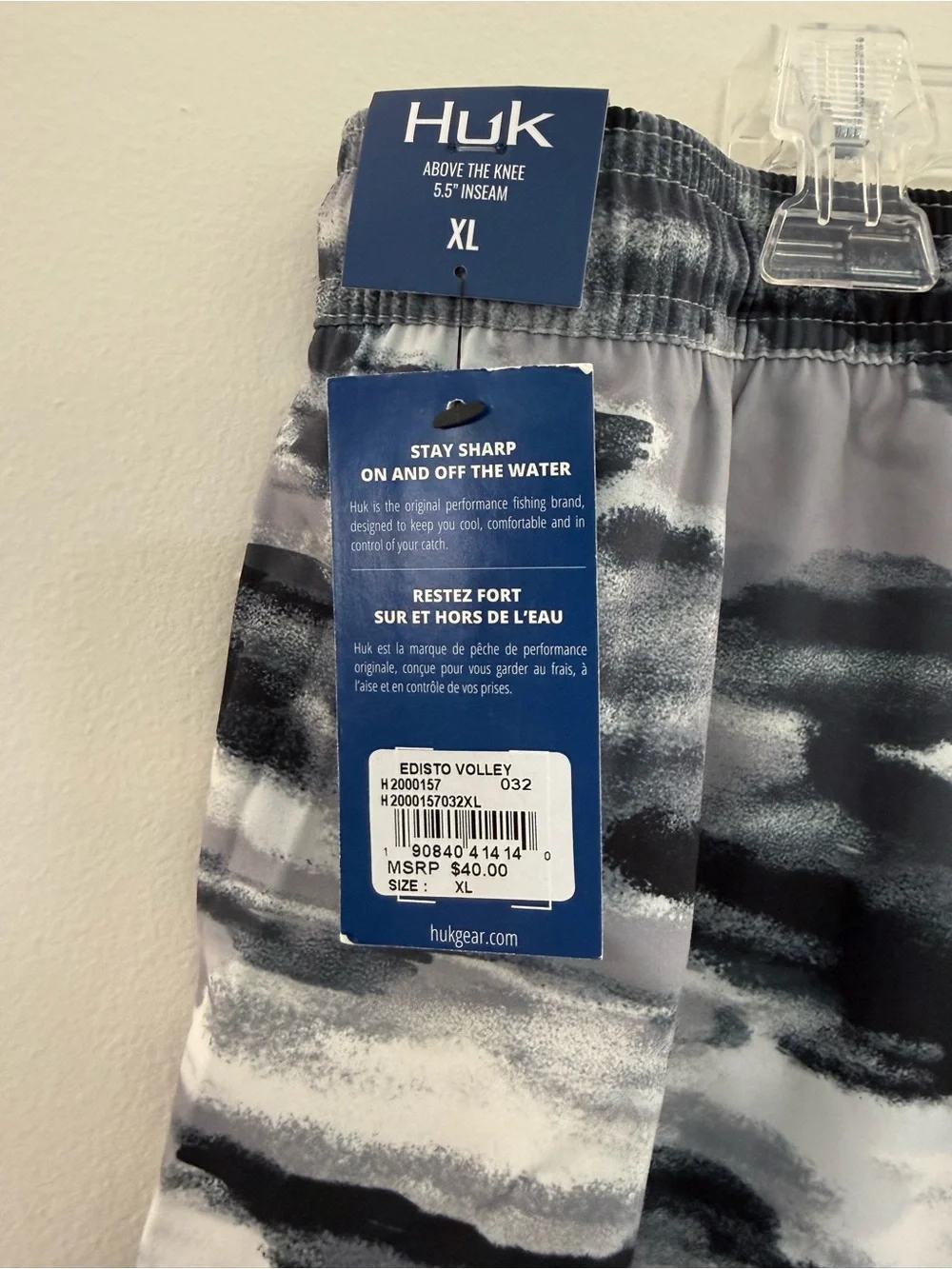 Huk Gray Black White Camo Swim Trunks with Red Drawstring